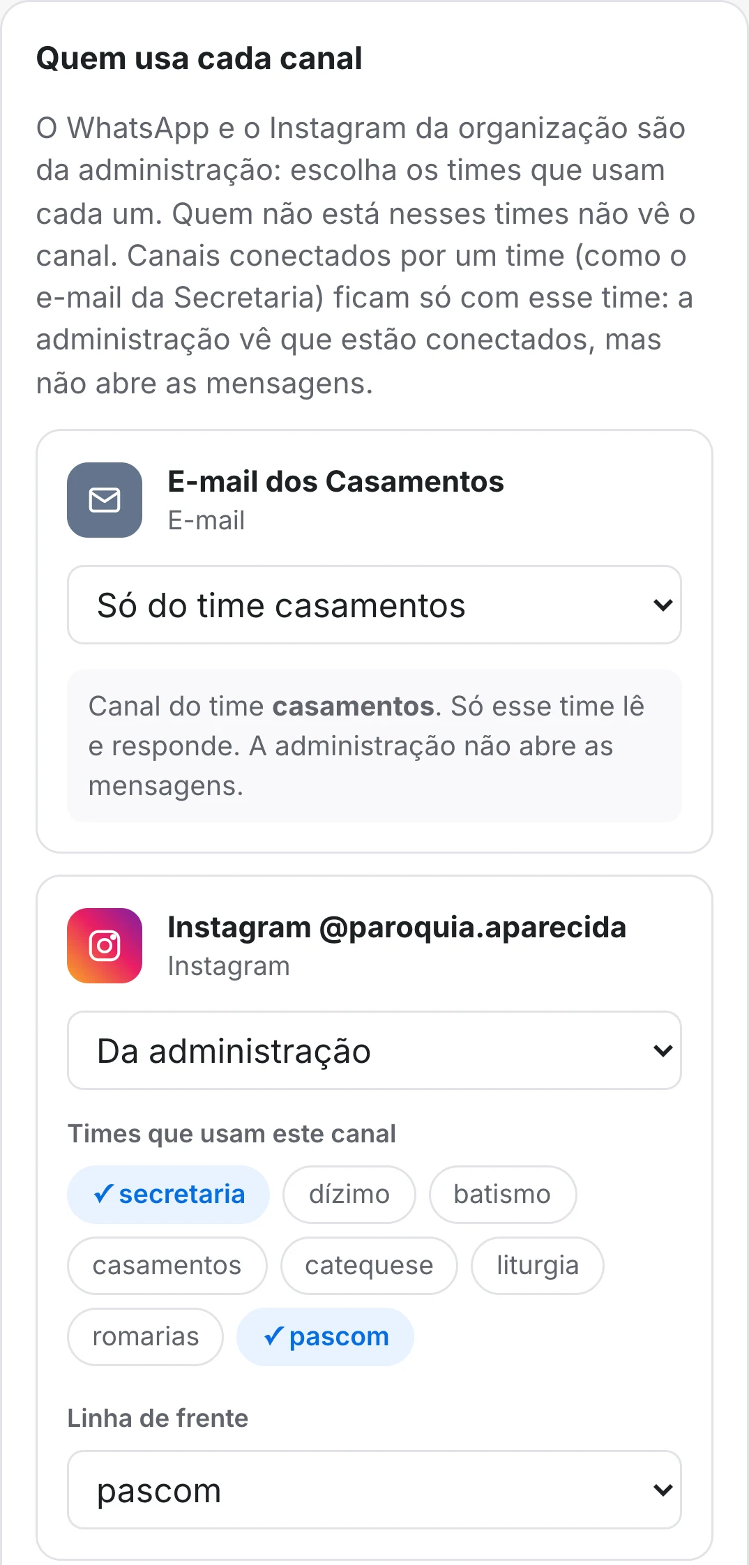 Tela Quem usa cada canal no celular: o e-mail é só do time de Casamentos, e o WhatsApp e o Instagram têm os times escolhidos pela administração