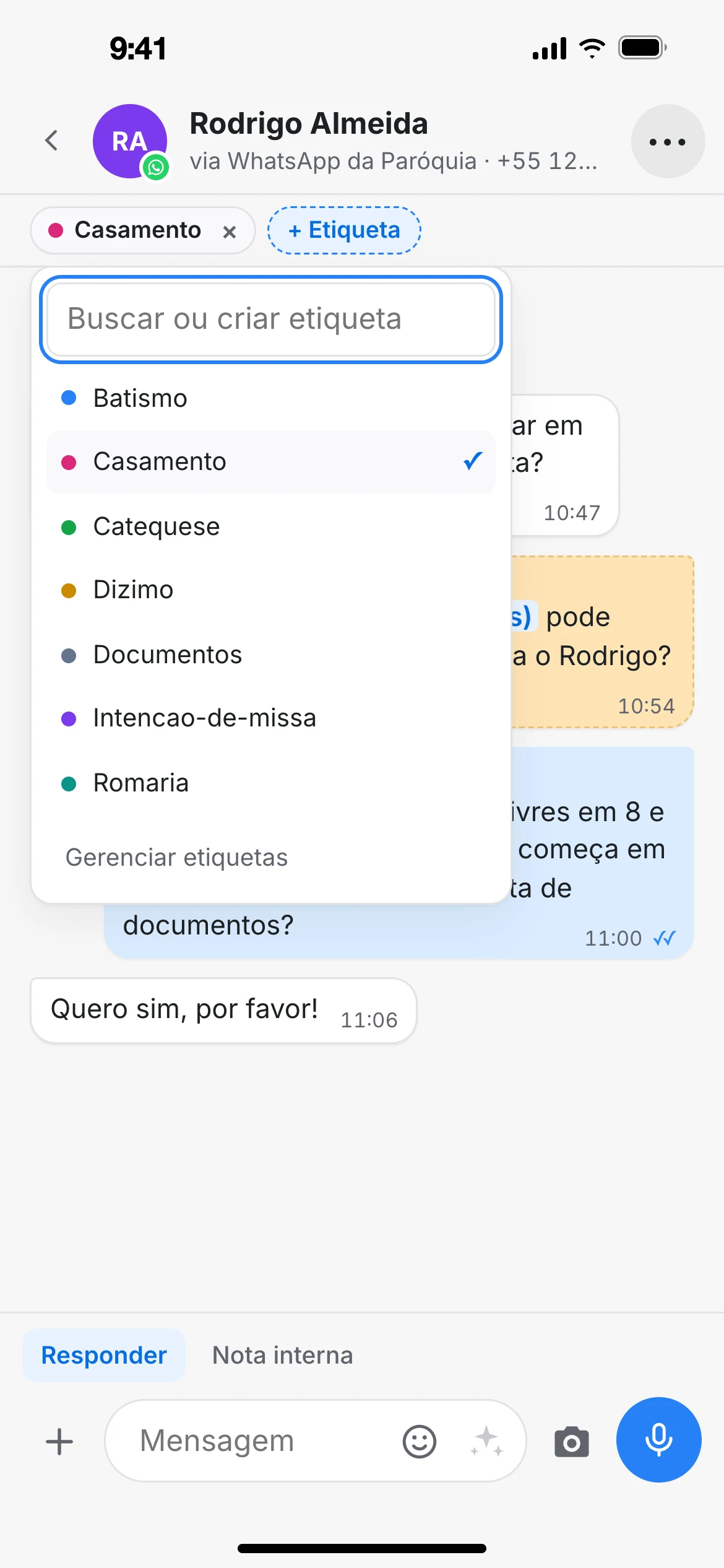 Lista de etiquetas do NOAV: batismo, casamento, catequese, dízimo, documentos, intenção de missa e romaria