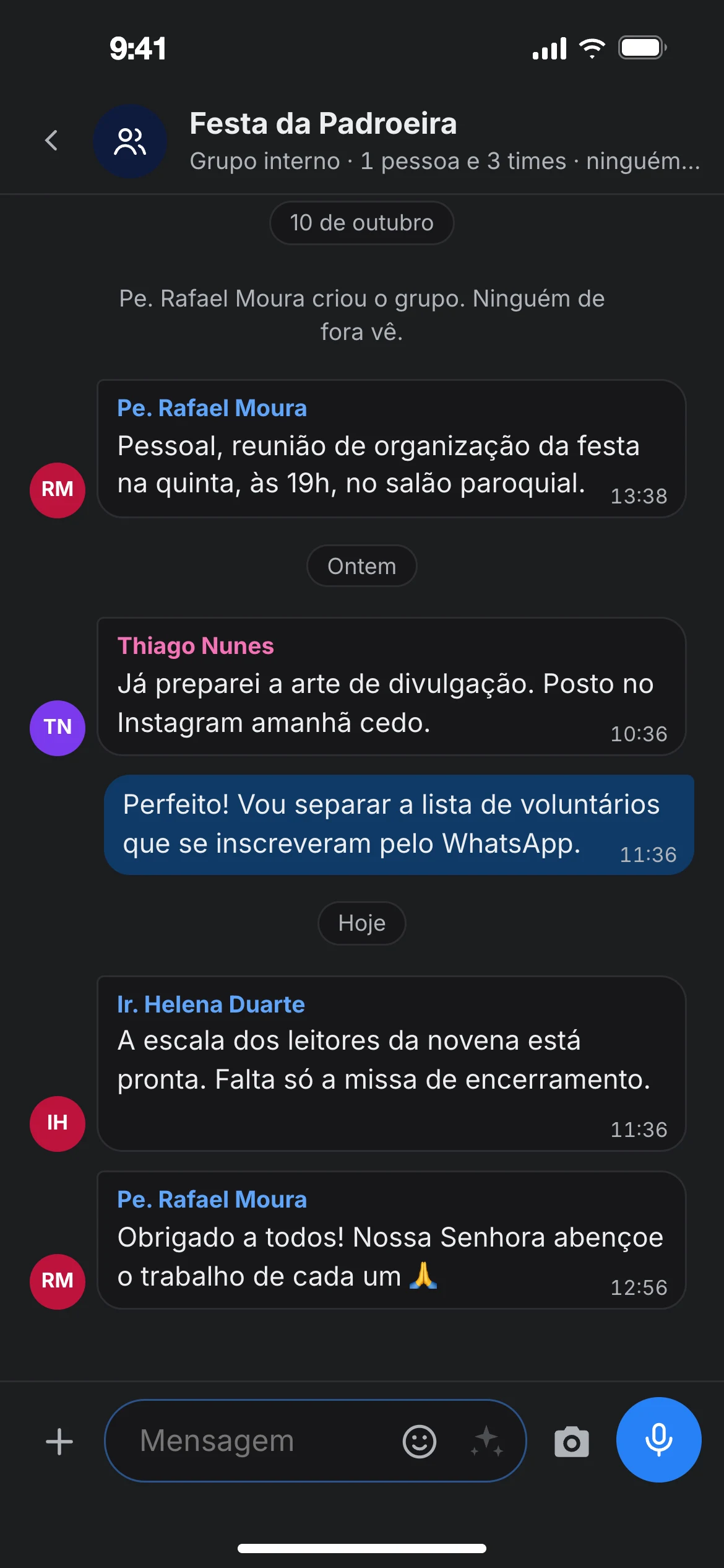 Grupo interno Festa da Padroeira, tema escuro