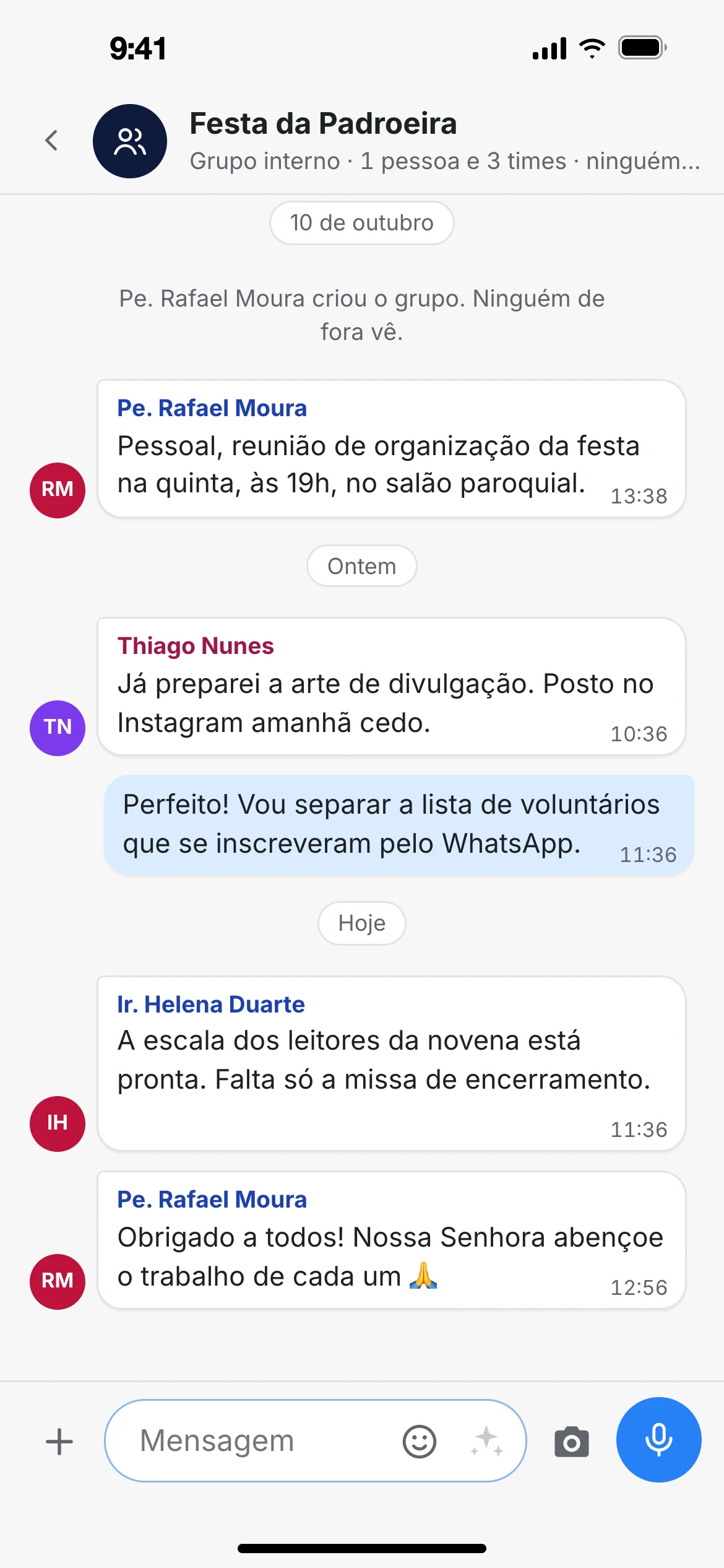 Grupo interno Festa da Padroeira no NOAV, com mensagens do padre, da Pascom e da Liturgia