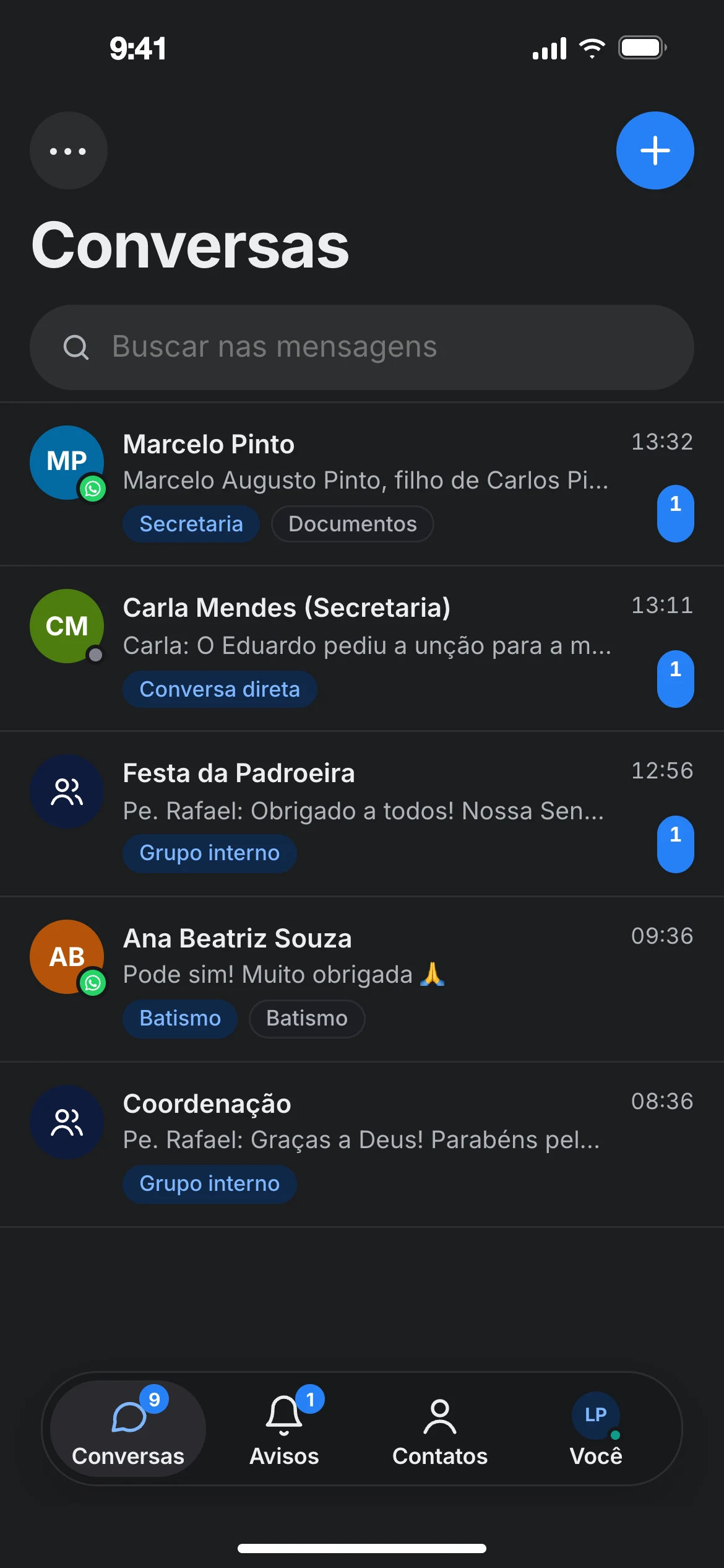 Lista de conversas, tema escuro