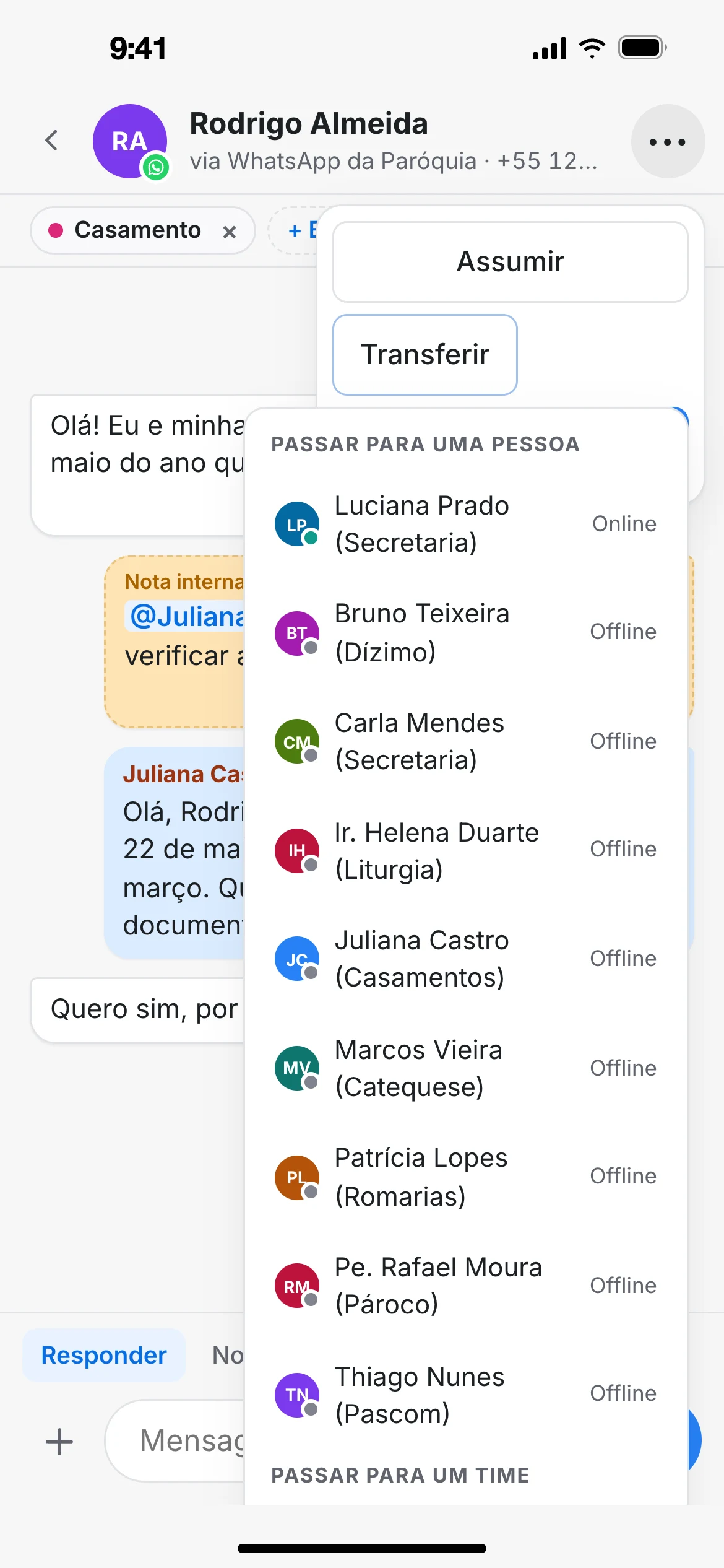 Menu Transferir do NOAV com a lista da equipe e dos times da paróquia