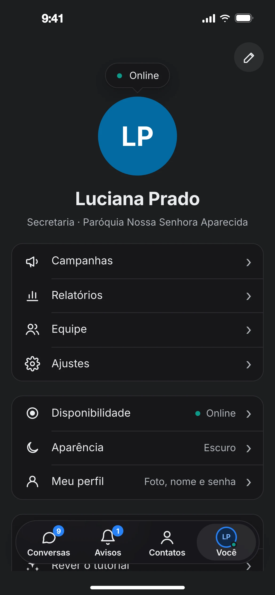 Tela Você, com disponibilidade e aparência, tema escuro
