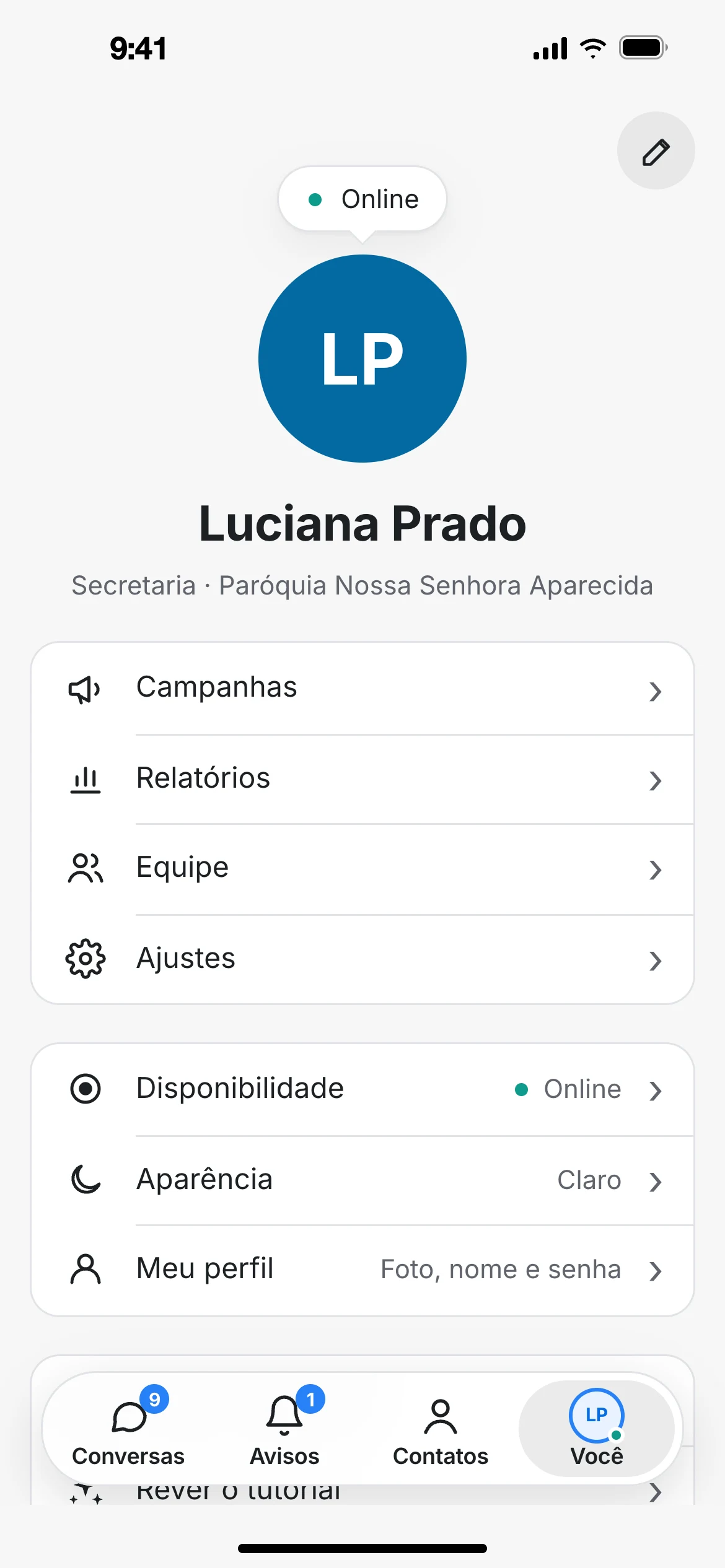 Tela Você, com disponibilidade e aparência, tema claro