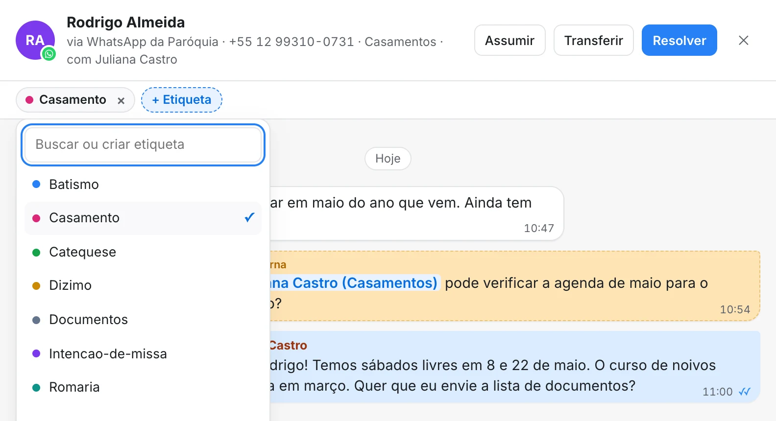 Lista de etiquetas do NOAV: batismo, casamento, catequese, dízimo, documentos, intenção de missa e romaria