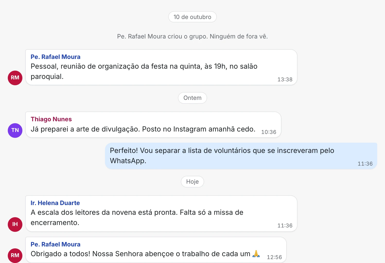 Grupo interno Festa da Padroeira no NOAV, com mensagens do padre, da Pascom e da Liturgia